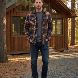 Men’s Rust & Navy Plaid Flannel Button-Down Shirt – Long Sleeve Casual Shirt